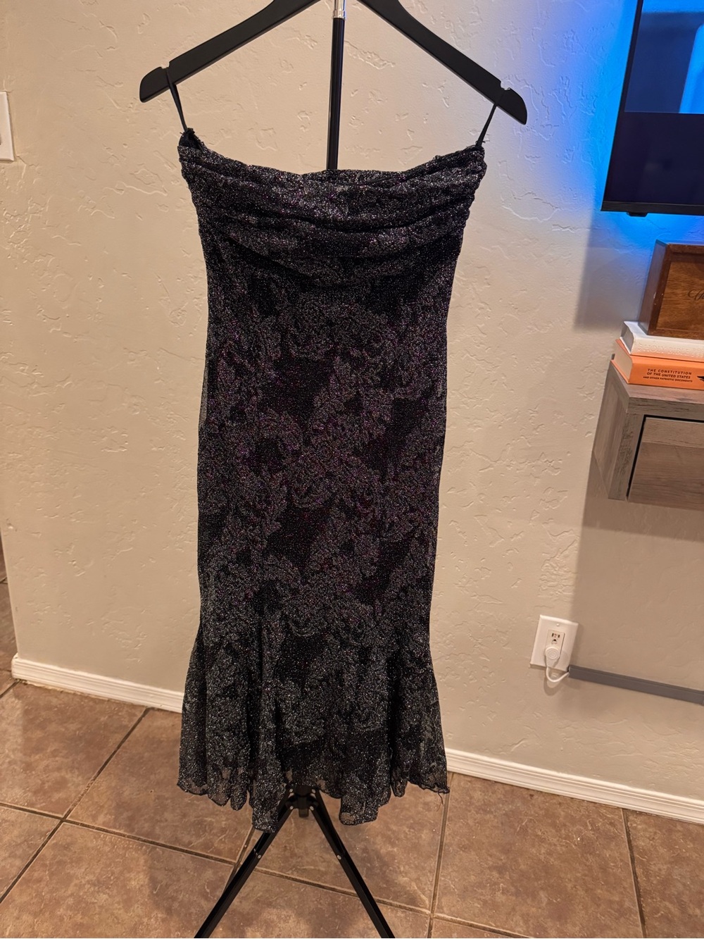 Y2K Strapless Cowl Black & Silver Floral Midi Dress s/m